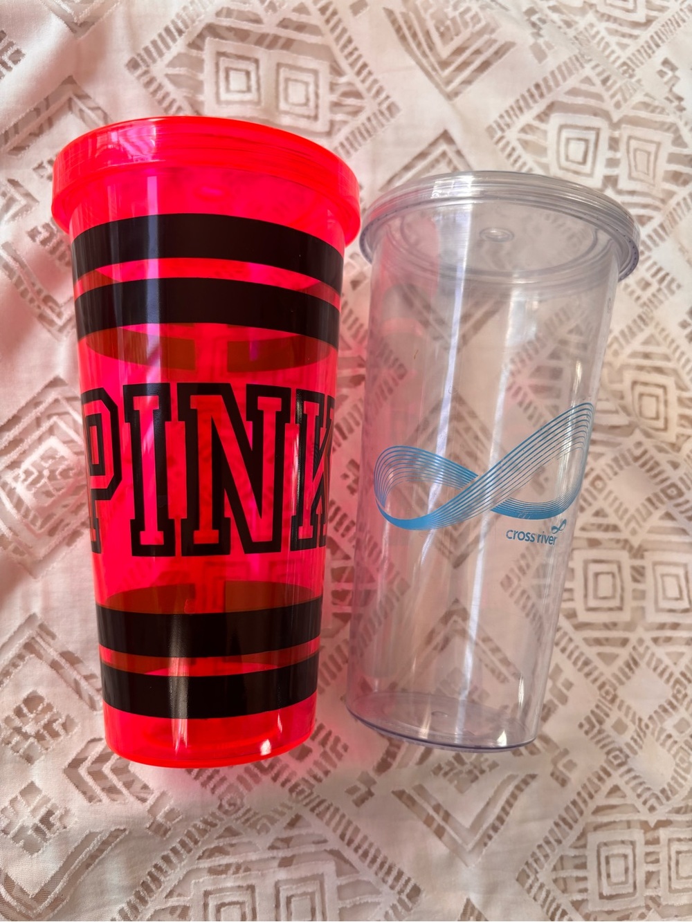 PINK Victoria's Secret Neon Pink & Black Striped Travel Tumbler with Lid